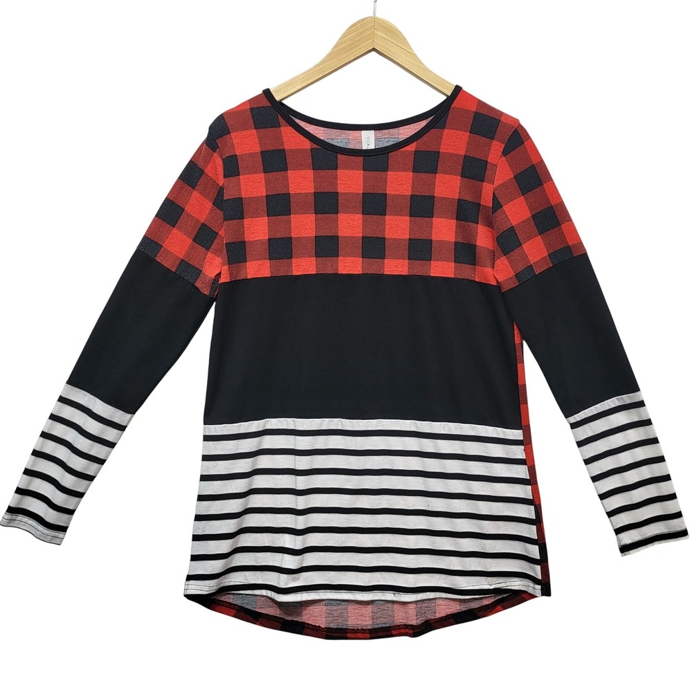 Tickled Teal Womens Red Buffalo Plaid Striped Colorblock Long Sleeve Tunic Top M
